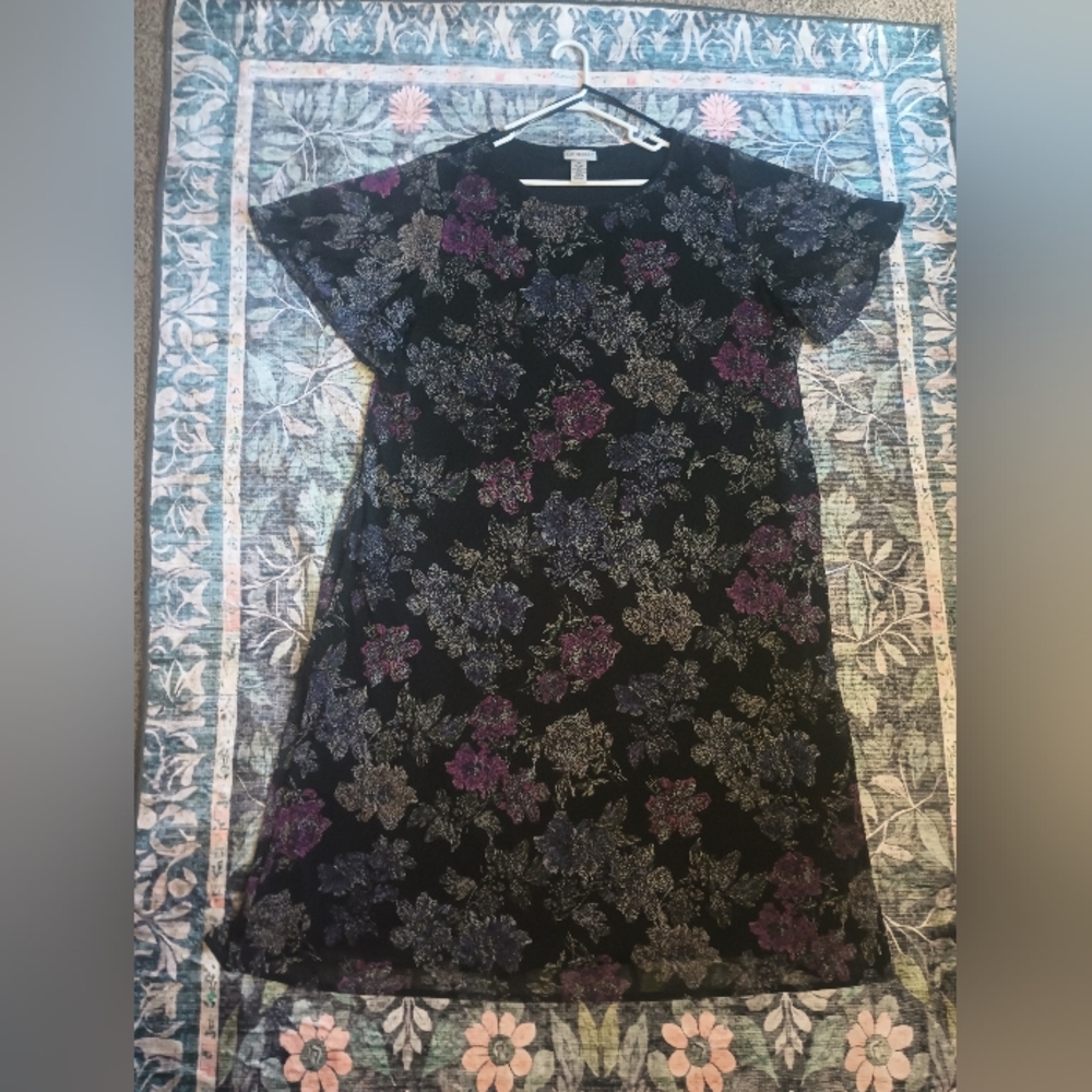 Catherines Dark Floral Maxi Dress 3X Flutter Sleeve Whimsigoth Modest Mature